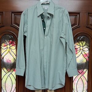New Paul Frederick Green/White Striped Long Sleeve Shirt W Blackwatch Plaid Trim